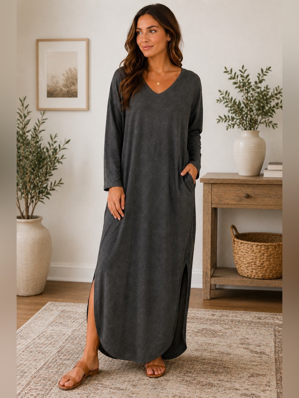 Impressions Charcoal Maxi Dress | Large | Tall Girl Friendly Soft Stretch Rayon